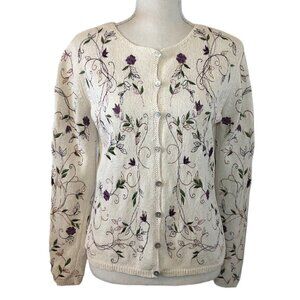 VTG KNITTING NEEDLES Silk Cardigan Women’s Size Small Cream Floral Embroidery